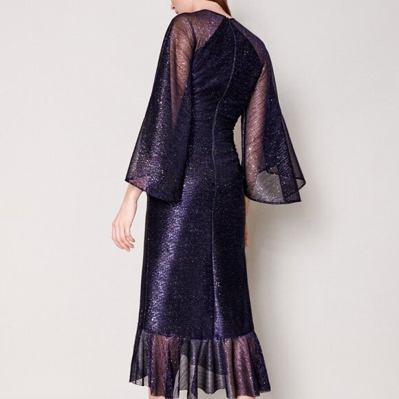 New Talbot Runhof Concavo1 Sprinkled Metallic Voile Wide Sleeve Midi Dress 6 US - Picture 8 of 17